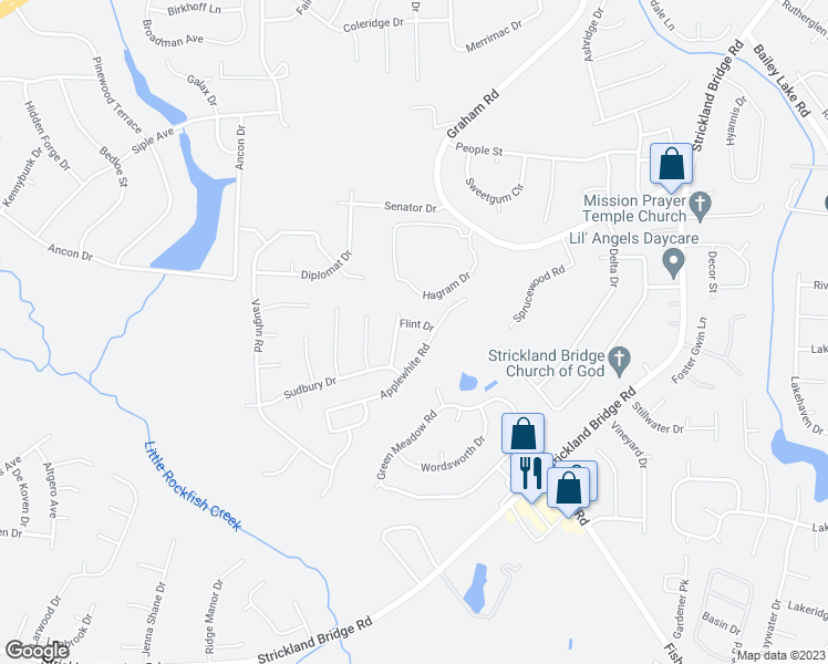 map of restaurants, bars, coffee shops, grocery stores, and more near 1719 Flint Drive in Fayetteville