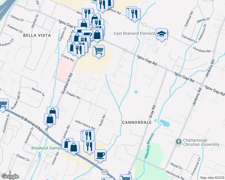 map of restaurants, bars, coffee shops, grocery stores, and more near 1870 Cannondale Loop in Chattanooga