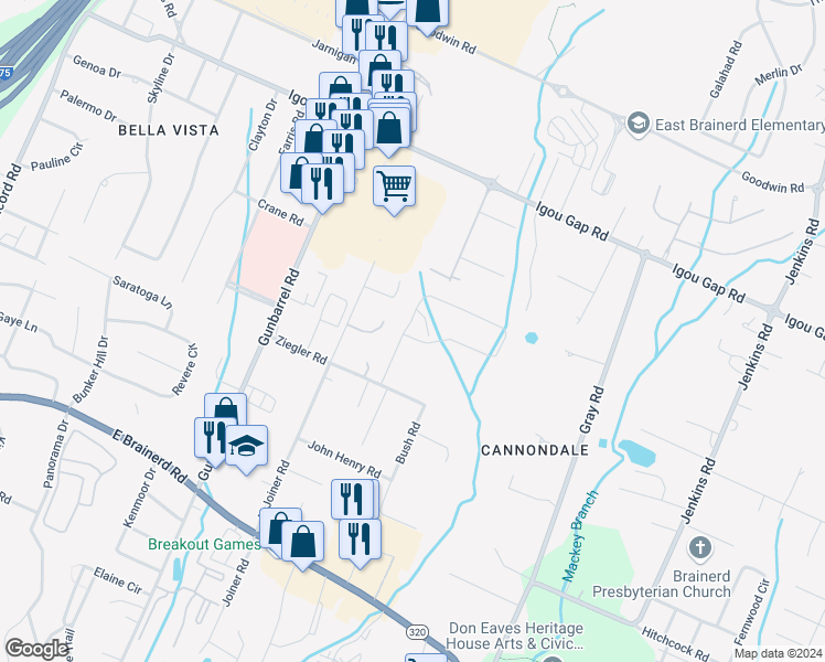 map of restaurants, bars, coffee shops, grocery stores, and more near 1780 Cannondale Loop in Chattanooga