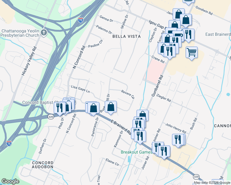 map of restaurants, bars, coffee shops, grocery stores, and more near 1506 Bunker Hill Drive in Chattanooga