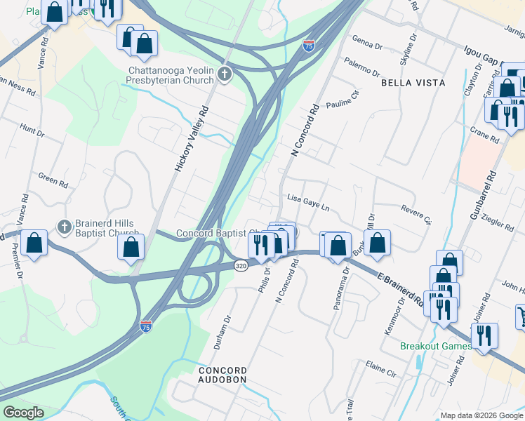map of restaurants, bars, coffee shops, grocery stores, and more near 1403 Lolita Lane in Chattanooga