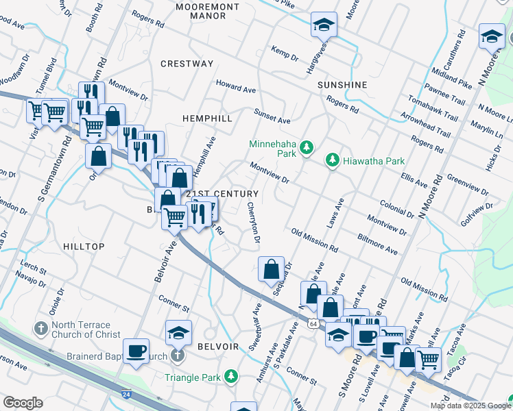 map of restaurants, bars, coffee shops, grocery stores, and more near 203 Hillside Drive in Chattanooga