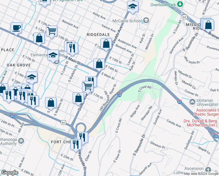 map of restaurants, bars, coffee shops, grocery stores, and more near 1519 Ryan Street in Chattanooga
