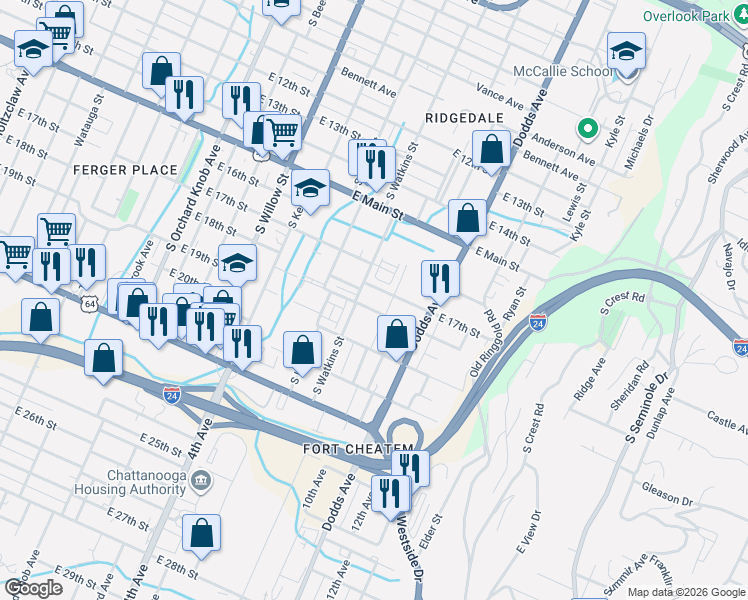 map of restaurants, bars, coffee shops, grocery stores, and more near 2437 East 17th Street in Chattanooga