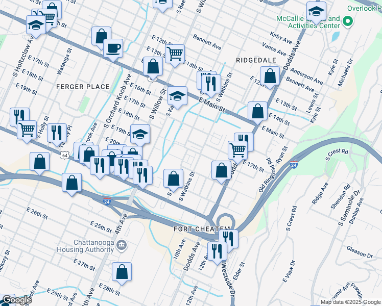 map of restaurants, bars, coffee shops, grocery stores, and more near 2335 East 18th Street in Chattanooga