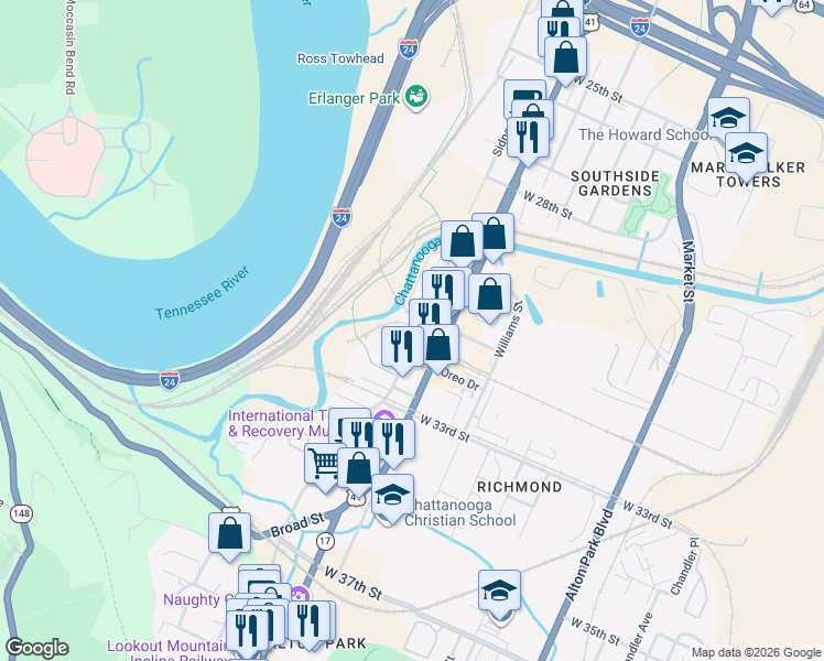 map of restaurants, bars, coffee shops, grocery stores, and more near 3146 Saint Elmo Avenue in Chattanooga
