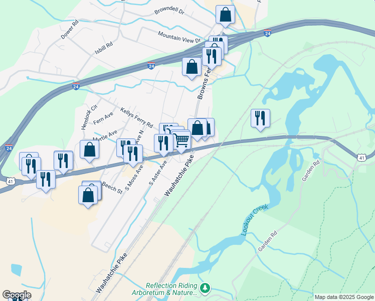 map of restaurants, bars, coffee shops, grocery stores, and more near 3003 Cummings Highway in Chattanooga