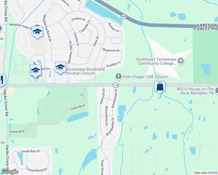 map of restaurants, bars, coffee shops, grocery stores, and more near 4696 Ashcroft Drive in Memphis