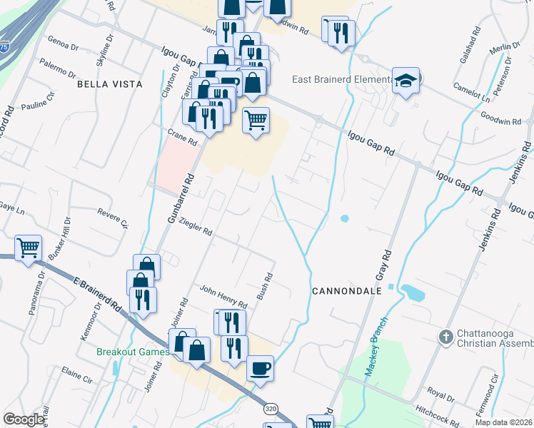 map of restaurants, bars, coffee shops, grocery stores, and more near 1780 Cannondale Loop in Chattanooga