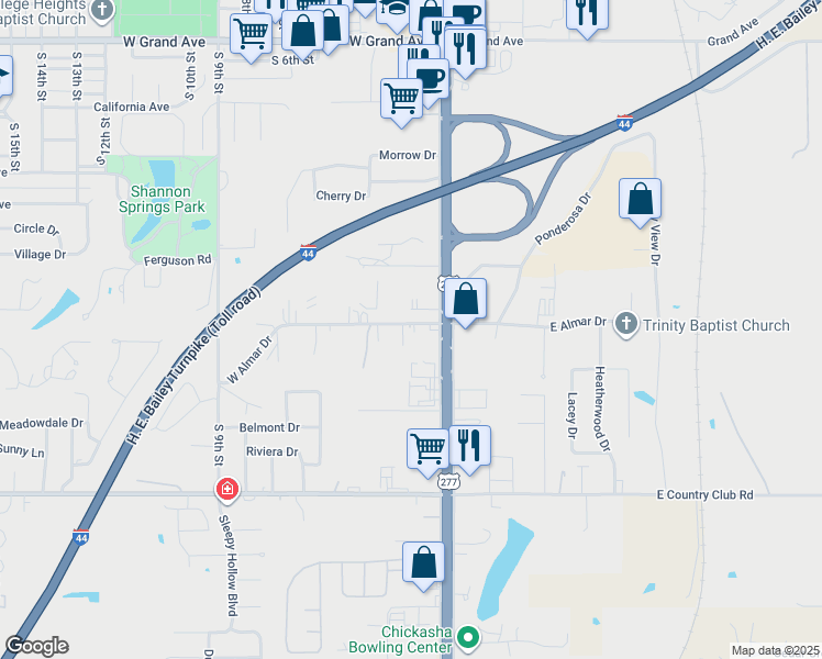 map of restaurants, bars, coffee shops, grocery stores, and more near 315 West Almar Drive in Chickasha