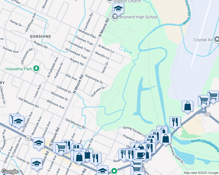 map of restaurants, bars, coffee shops, grocery stores, and more near 5026 Golfview Drive in Chattanooga