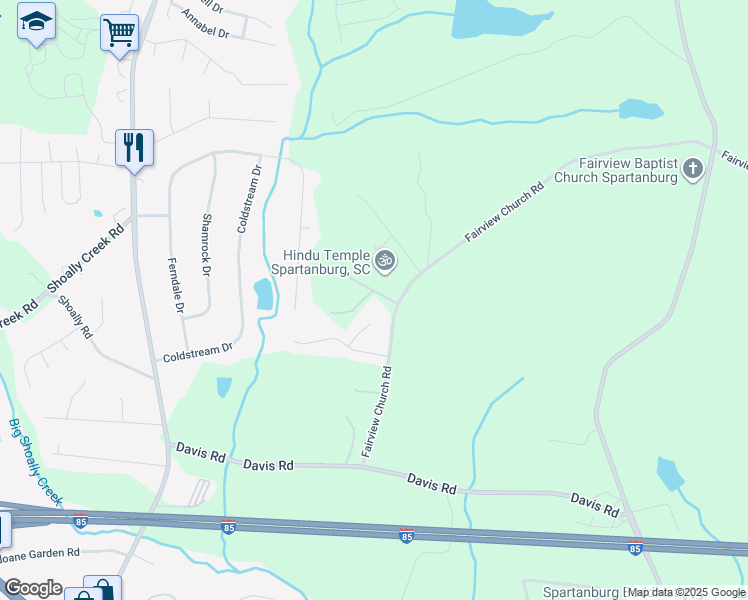 map of restaurants, bars, coffee shops, grocery stores, and more near 1150 Fairview Church Road in Spartanburg