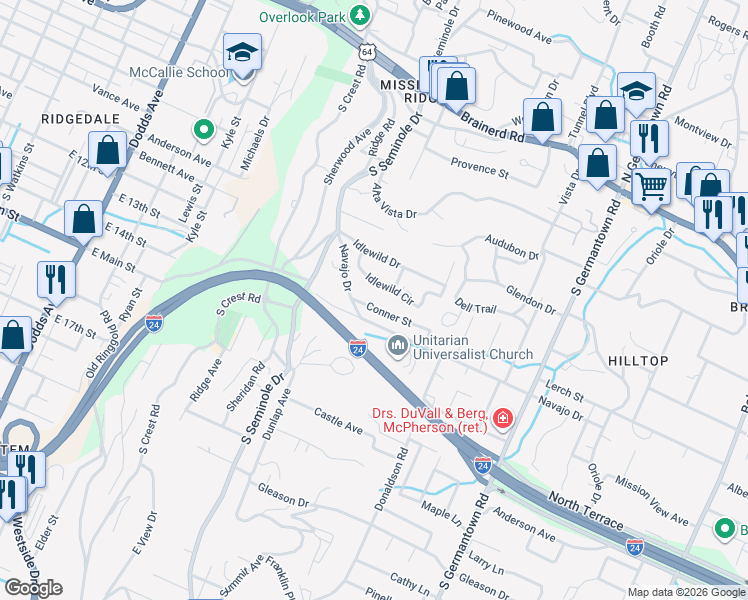 map of restaurants, bars, coffee shops, grocery stores, and more near 3207 Conner Street in Chattanooga