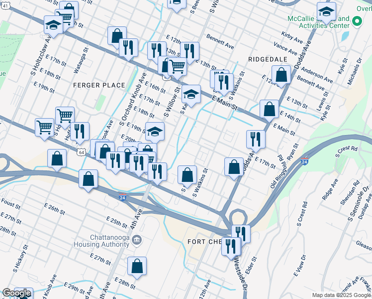map of restaurants, bars, coffee shops, grocery stores, and more near 2223 East 19th Street in Chattanooga
