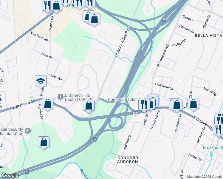 map of restaurants, bars, coffee shops, grocery stores, and more near 6809 Gayda Lane in Chattanooga