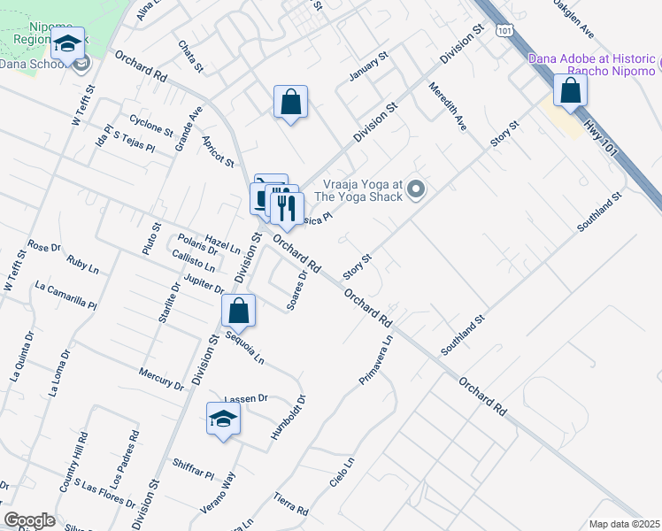 map of restaurants, bars, coffee shops, grocery stores, and more near 585 Orchard Road in Nipomo