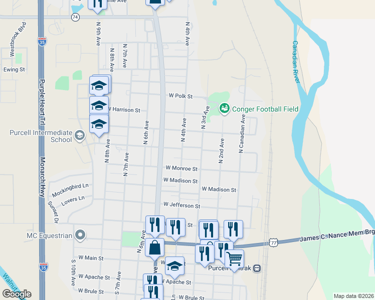 map of restaurants, bars, coffee shops, grocery stores, and more near 326 Jackson Street in Purcell