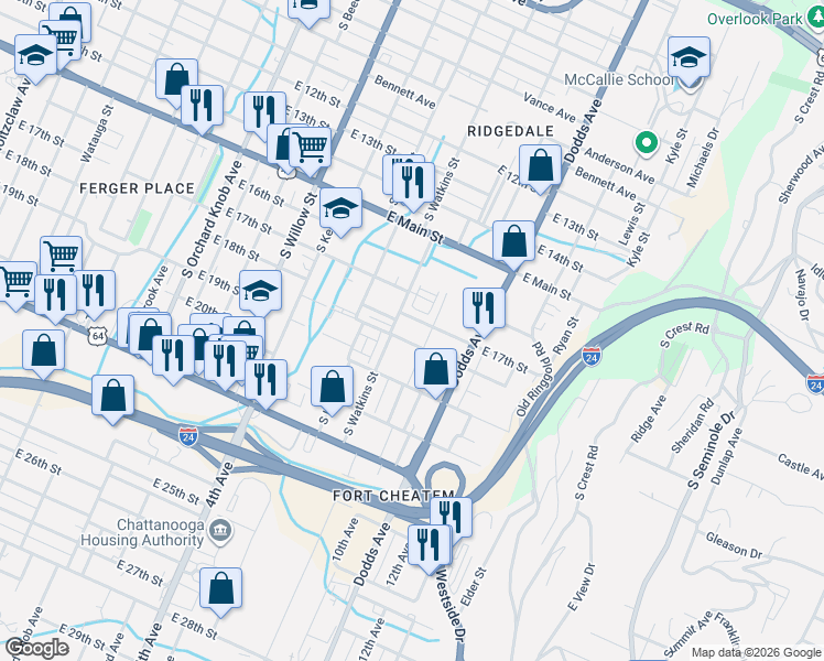 map of restaurants, bars, coffee shops, grocery stores, and more near 2437 East 17th Street in Chattanooga