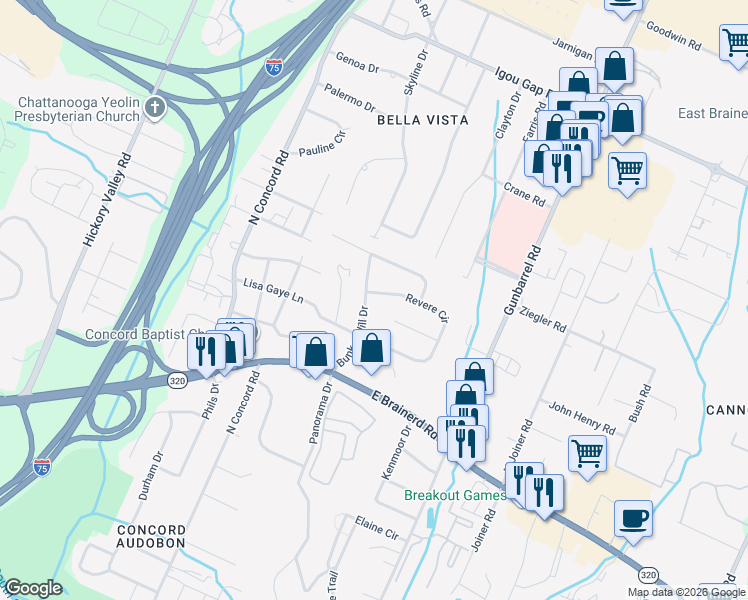 map of restaurants, bars, coffee shops, grocery stores, and more near 1506 Bunker Hill Drive in Chattanooga