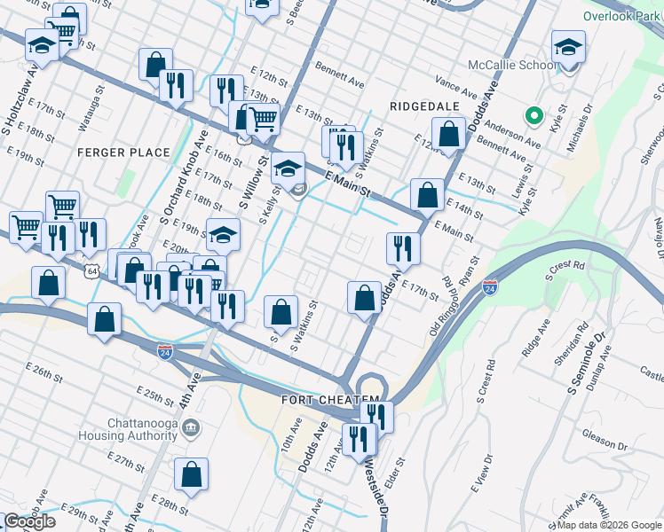 map of restaurants, bars, coffee shops, grocery stores, and more near 1700 South Watkins Street in Chattanooga