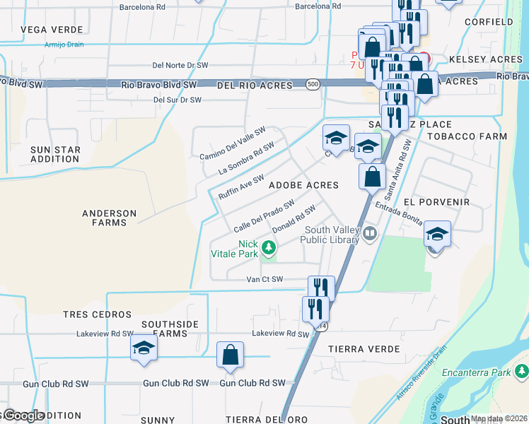 map of restaurants, bars, coffee shops, grocery stores, and more near 3941 Calle Del Prado Southwest in Albuquerque