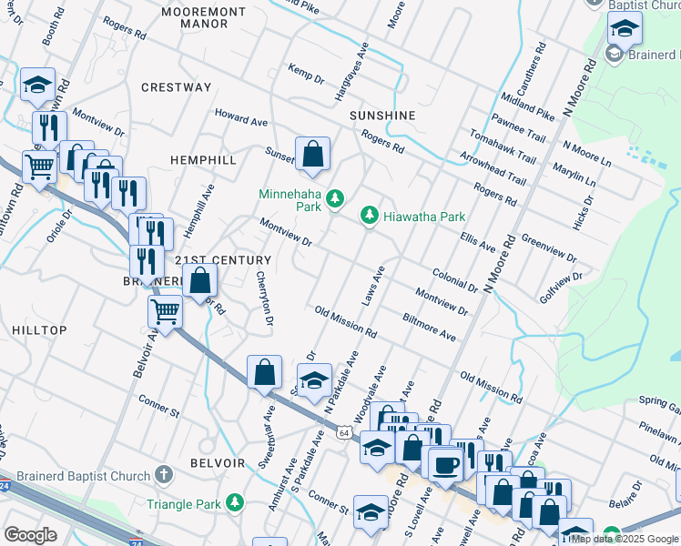 map of restaurants, bars, coffee shops, grocery stores, and more near 219 Sequoia Drive in Chattanooga