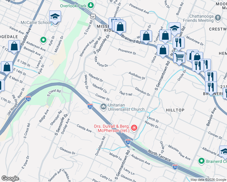 map of restaurants, bars, coffee shops, grocery stores, and more near 3506 Dell Trail in Chattanooga