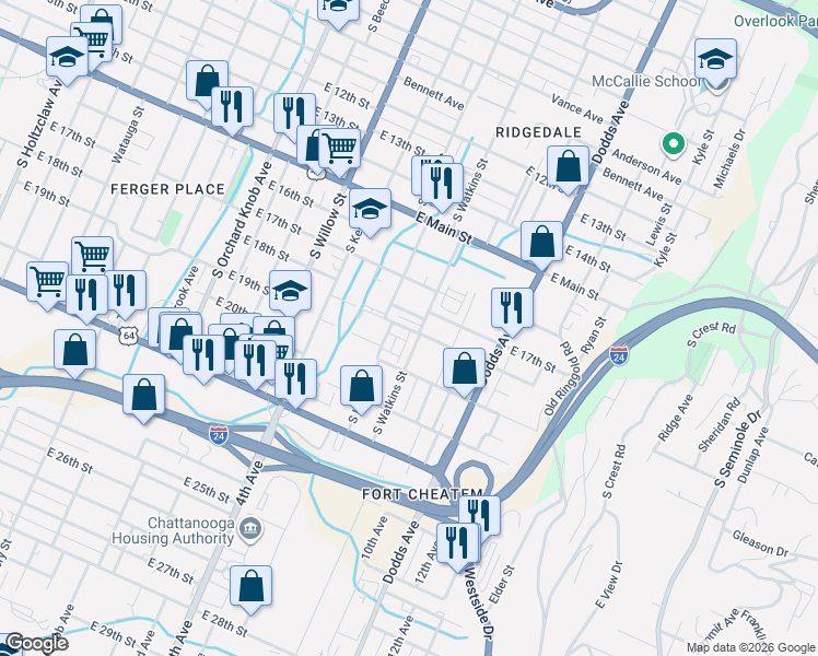 map of restaurants, bars, coffee shops, grocery stores, and more near 2335 East 18th Street in Chattanooga