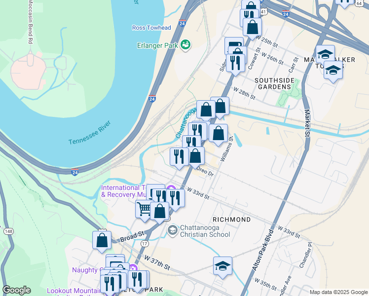 map of restaurants, bars, coffee shops, grocery stores, and more near 3146 Saint Elmo Avenue in Chattanooga