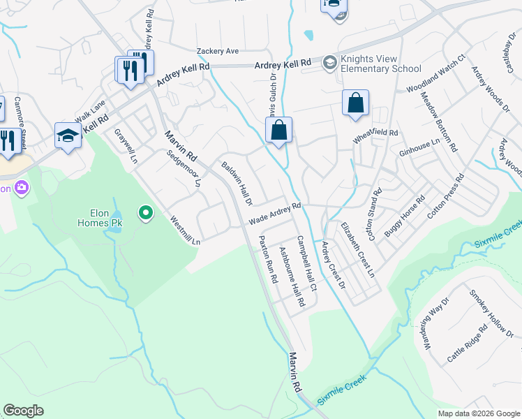map of restaurants, bars, coffee shops, grocery stores, and more near 17438 Baldwin Hall Drive in Charlotte