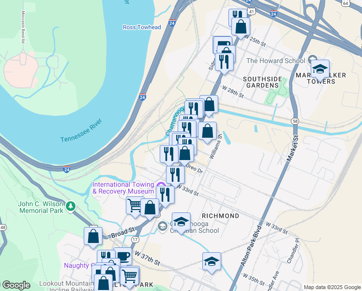 map of restaurants, bars, coffee shops, grocery stores, and more near 3146 Saint Elmo Avenue in Chattanooga