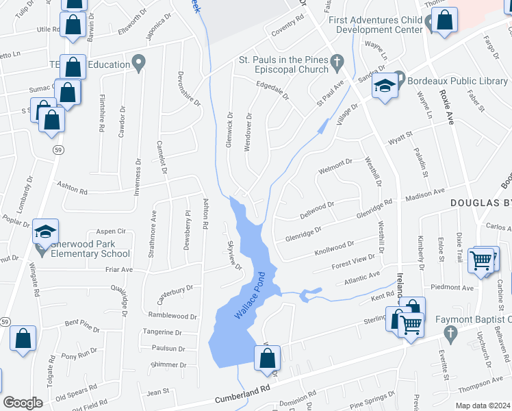 map of restaurants, bars, coffee shops, grocery stores, and more near 2029 Glenwick Drive in Fayetteville