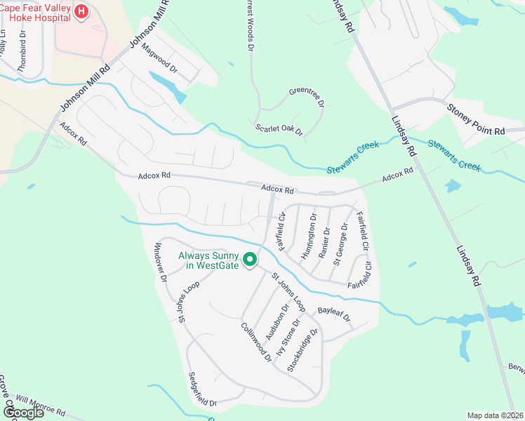 map of restaurants, bars, coffee shops, grocery stores, and more near 124 Thorncliff Drive in Raeford