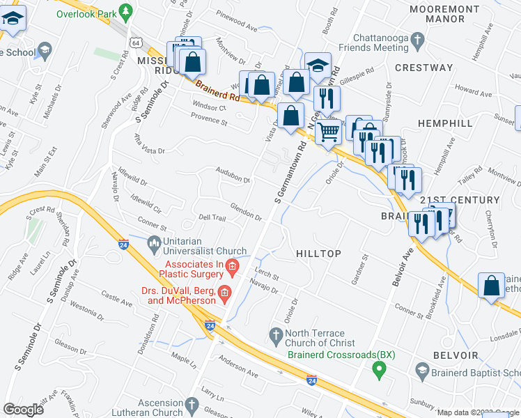 map of restaurants, bars, coffee shops, grocery stores, and more near 119 South Germantown Road in Chattanooga