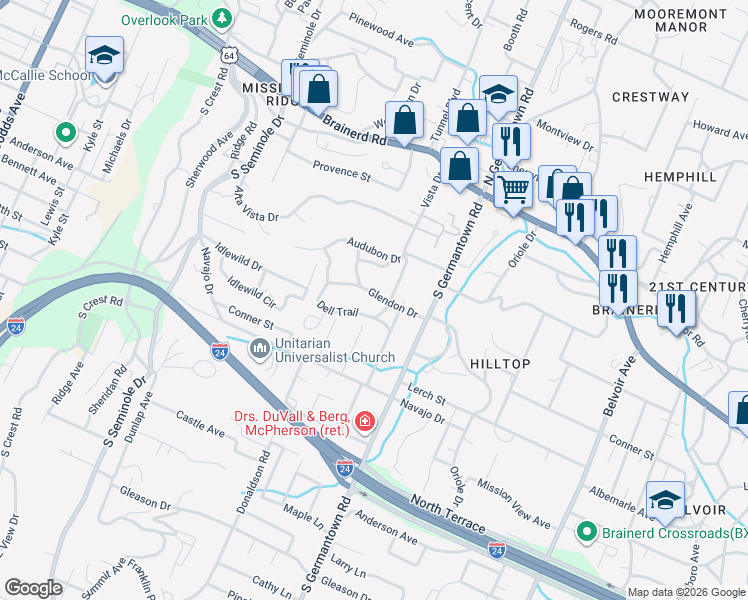 map of restaurants, bars, coffee shops, grocery stores, and more near 3422 Glendon Dr in Chattanooga