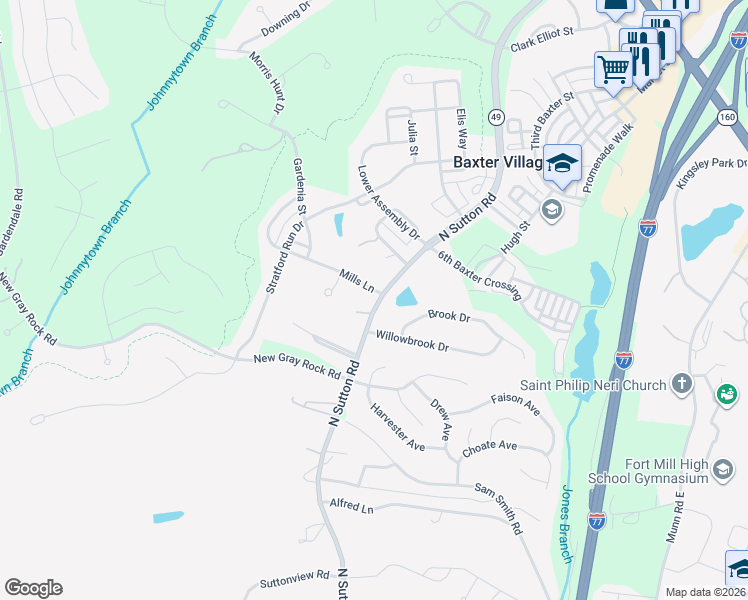 map of restaurants, bars, coffee shops, grocery stores, and more near 103 Mills Lane in Fort Mill
