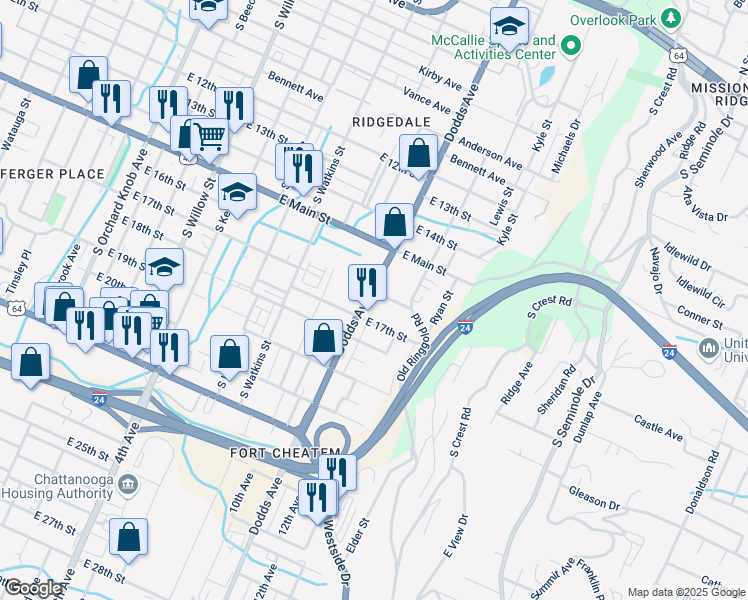 map of restaurants, bars, coffee shops, grocery stores, and more near 1600 U.S. 41 in Chattanooga