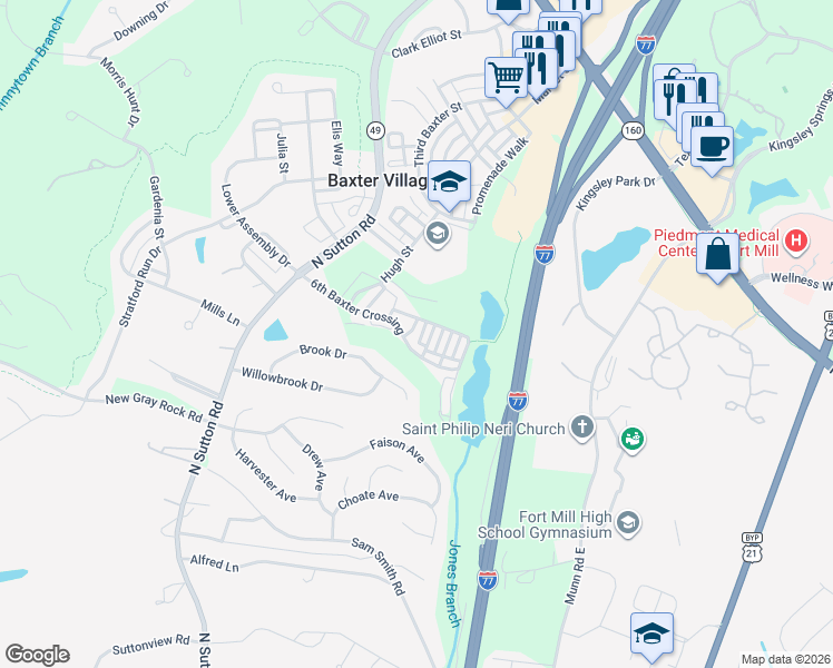 map of restaurants, bars, coffee shops, grocery stores, and more near 603 6th Baxter Crossing in Fort Mill