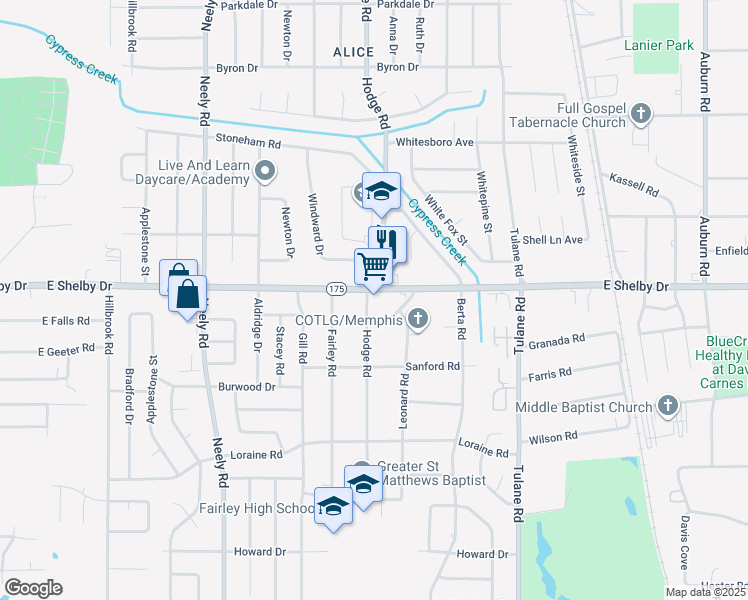 map of restaurants, bars, coffee shops, grocery stores, and more near 443 East Shelby Drive in Memphis