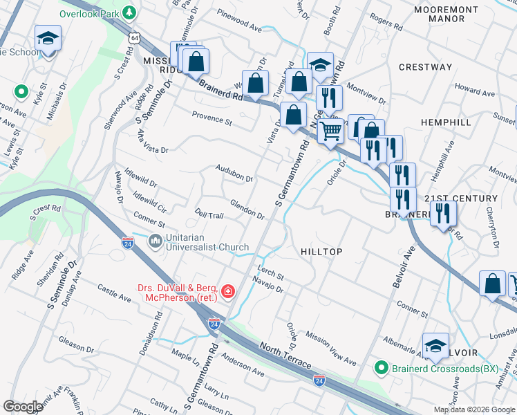 map of restaurants, bars, coffee shops, grocery stores, and more near 3505 Glendon Drive in Chattanooga