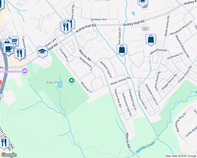 map of restaurants, bars, coffee shops, grocery stores, and more near 17528 Westmill Lane in Charlotte