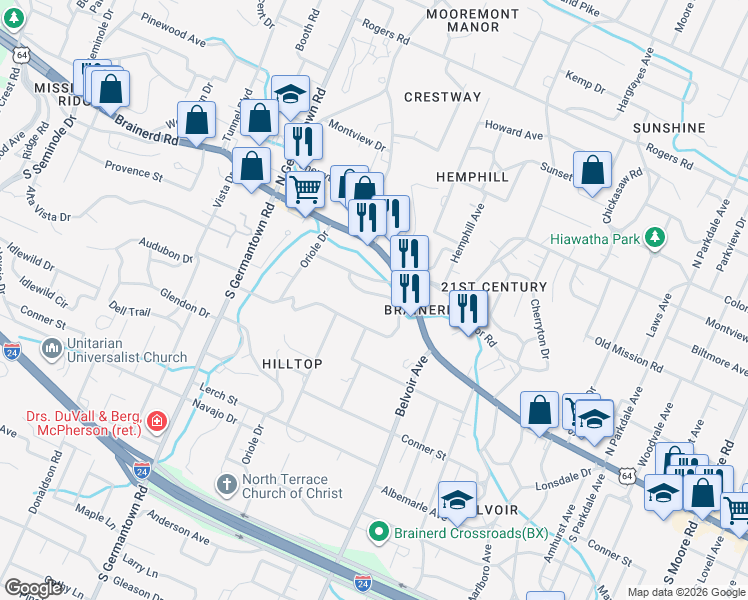 map of restaurants, bars, coffee shops, grocery stores, and more near 3812 Granada Drive in Chattanooga