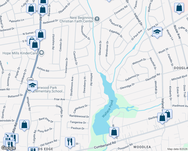 map of restaurants, bars, coffee shops, grocery stores, and more near 1810 Ashton Road in Fayetteville