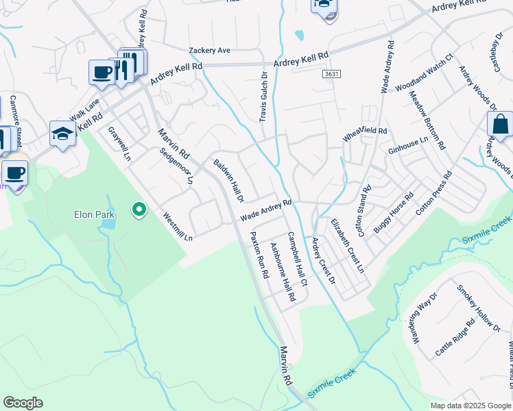 map of restaurants, bars, coffee shops, grocery stores, and more near 17504 Baldwin Hall Drive in Charlotte