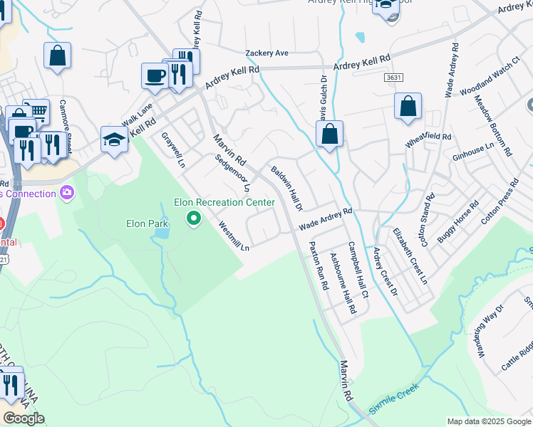 map of restaurants, bars, coffee shops, grocery stores, and more near 9920 Forest Run Lane in Charlotte