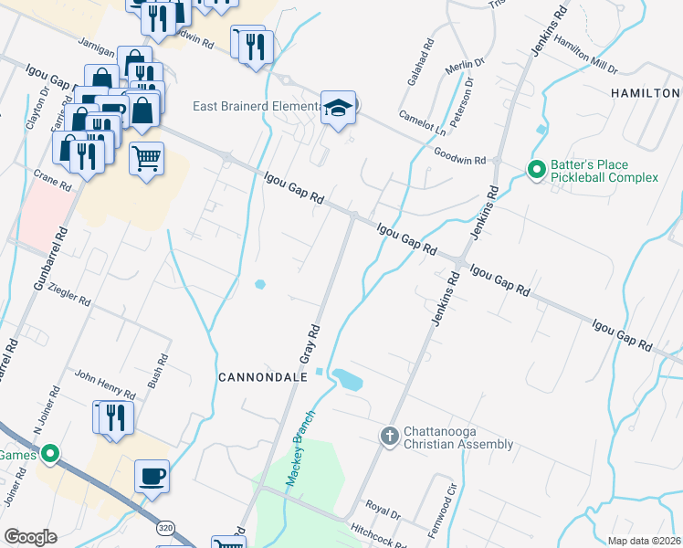 map of restaurants, bars, coffee shops, grocery stores, and more near 1814 Gray Road in Chattanooga