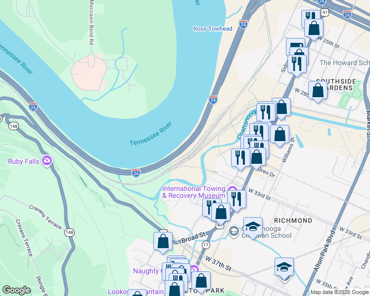 map of restaurants, bars, coffee shops, grocery stores, and more near Interstate 24 in Chattanooga