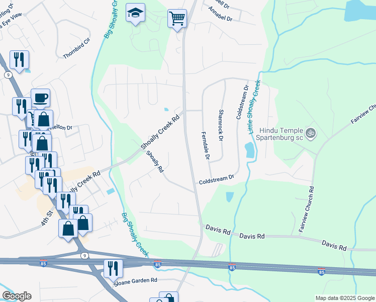 map of restaurants, bars, coffee shops, grocery stores, and more near 3543 Parris Bridge Road in Boiling Springs