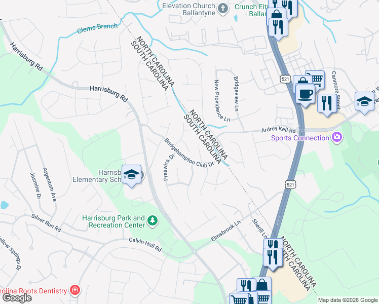 map of restaurants, bars, coffee shops, grocery stores, and more near 18038 Greyfield Glen in Fort Mill