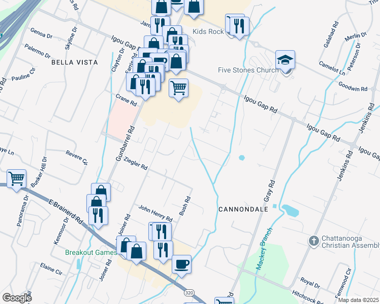 map of restaurants, bars, coffee shops, grocery stores, and more near 1780 Cannondale Loop in Chattanooga